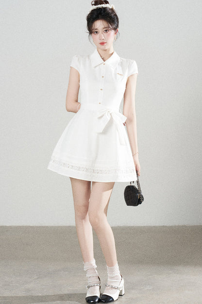 White Lace-Up Waist Puff Dress