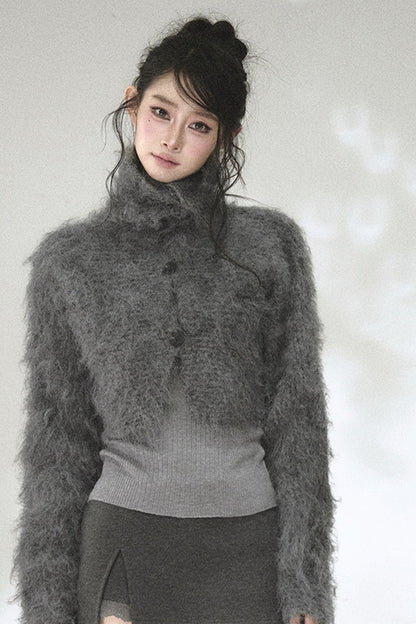 Long-Haired Turtleneck Knit Cardigan