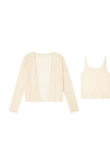 Crochet Knit Cardigan and Camisole Two-Piece With Skirt Set-Up