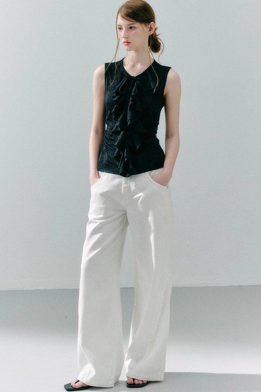 White Peach Wool Lace Ruffle Vest