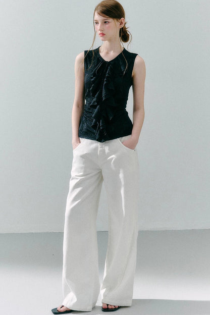 White Peach Wool Lace Ruffle Vest