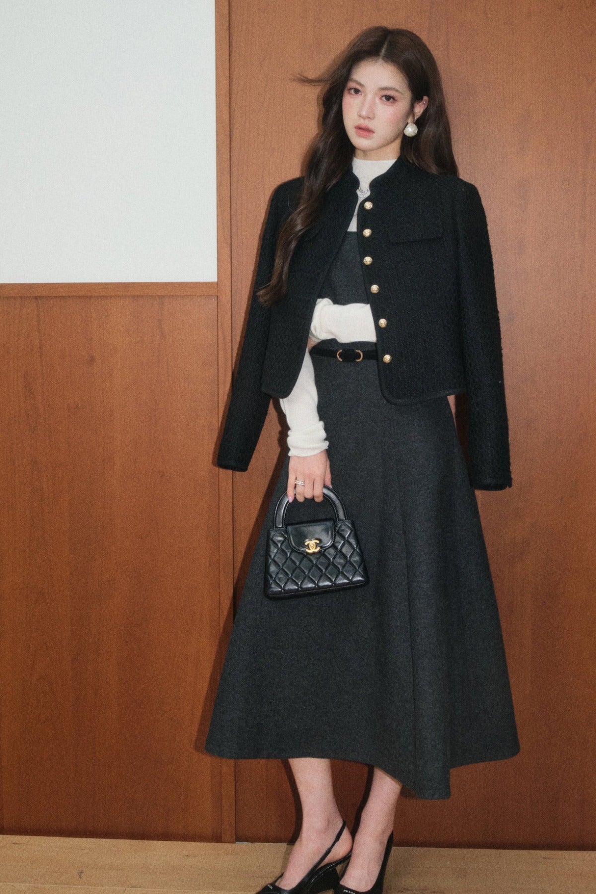 Black Tweed Jacket and Square-Neck Dress Set-Up