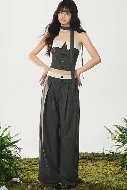 Color-Block Off-Shoulder Top Wide-Leg Pants Set