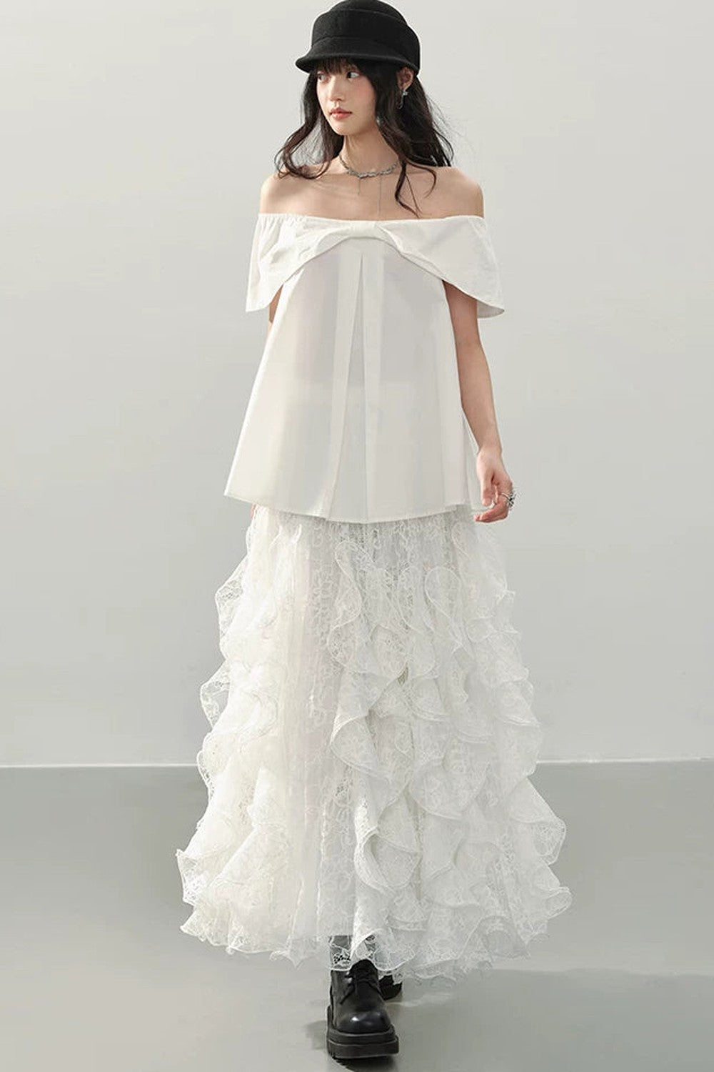 White Lace Ruffle Midi Skirt