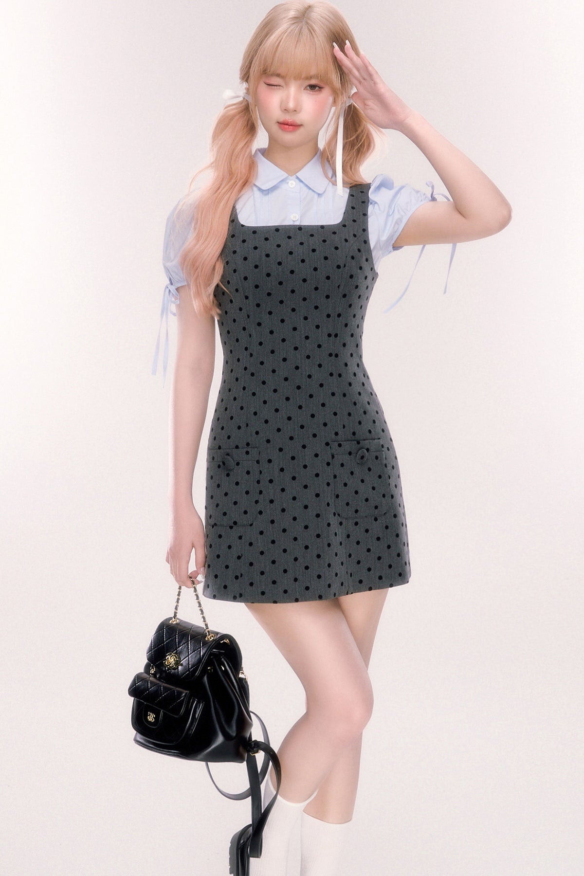Blue Short-Sleeved Bow Puff Sleeve Shirt