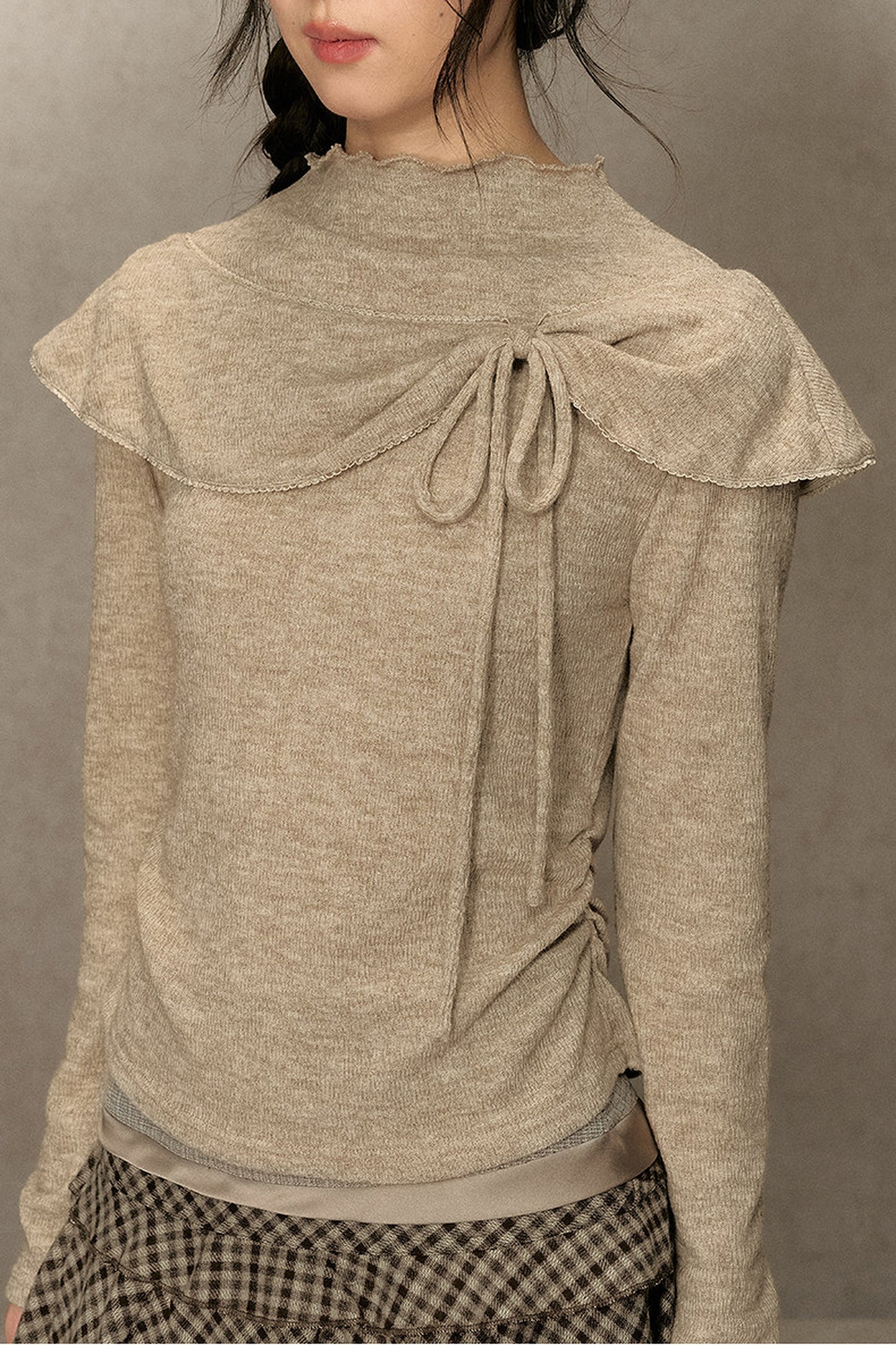 Bowknot Cape Collar Long Sleeve Top