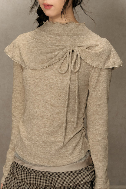 Bowknot Cape Collar Long Sleeve Top