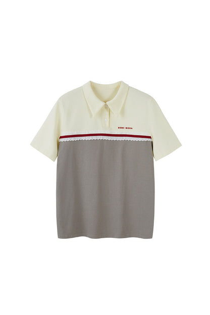 Color Block Lace Trim Cotton Polo