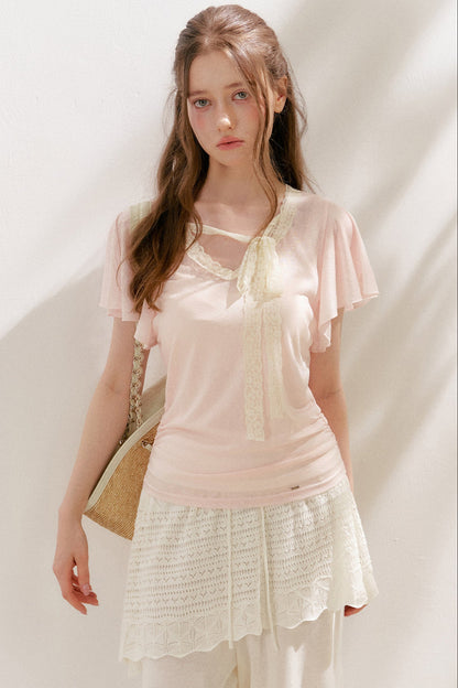 Lace Tie Bowlet Short Sleeve Top