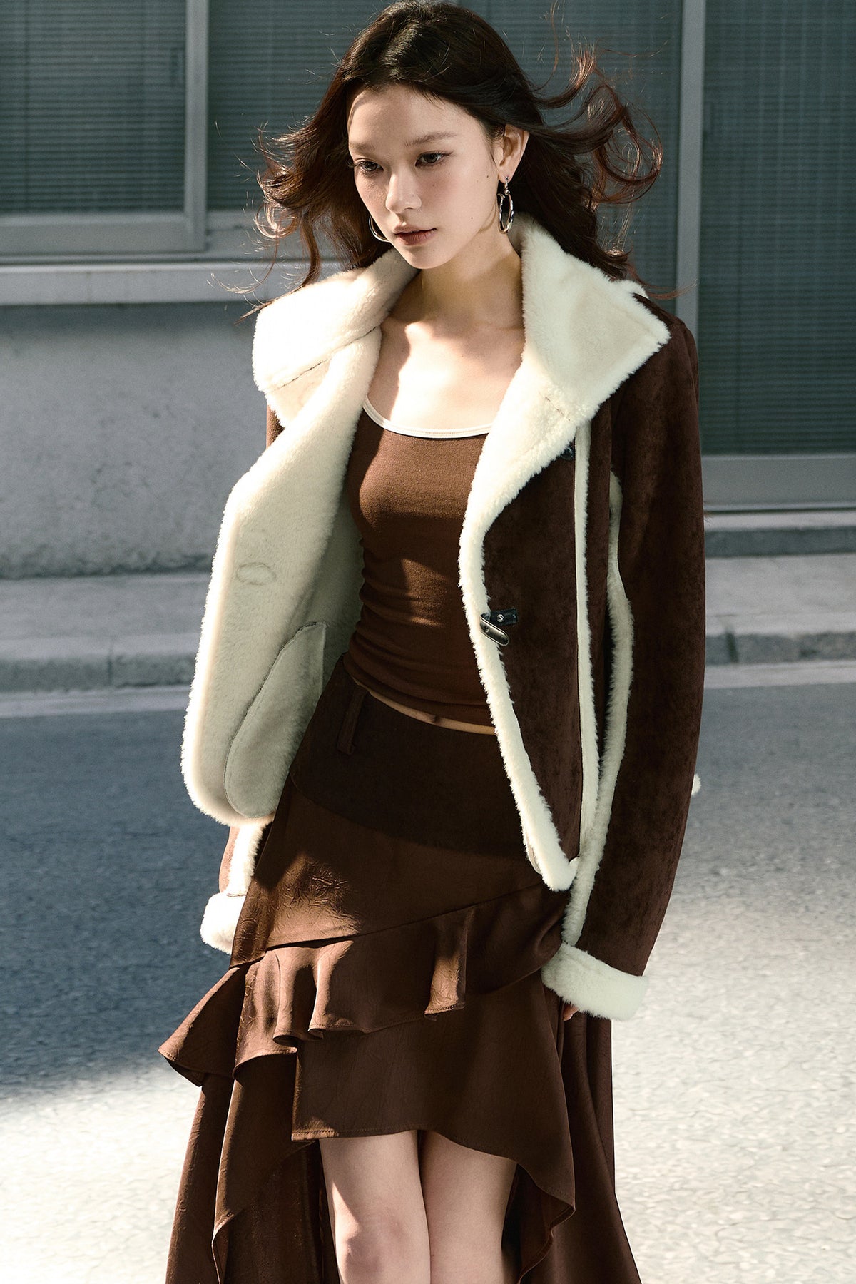 Brown Stand Collar Shearling Jacket