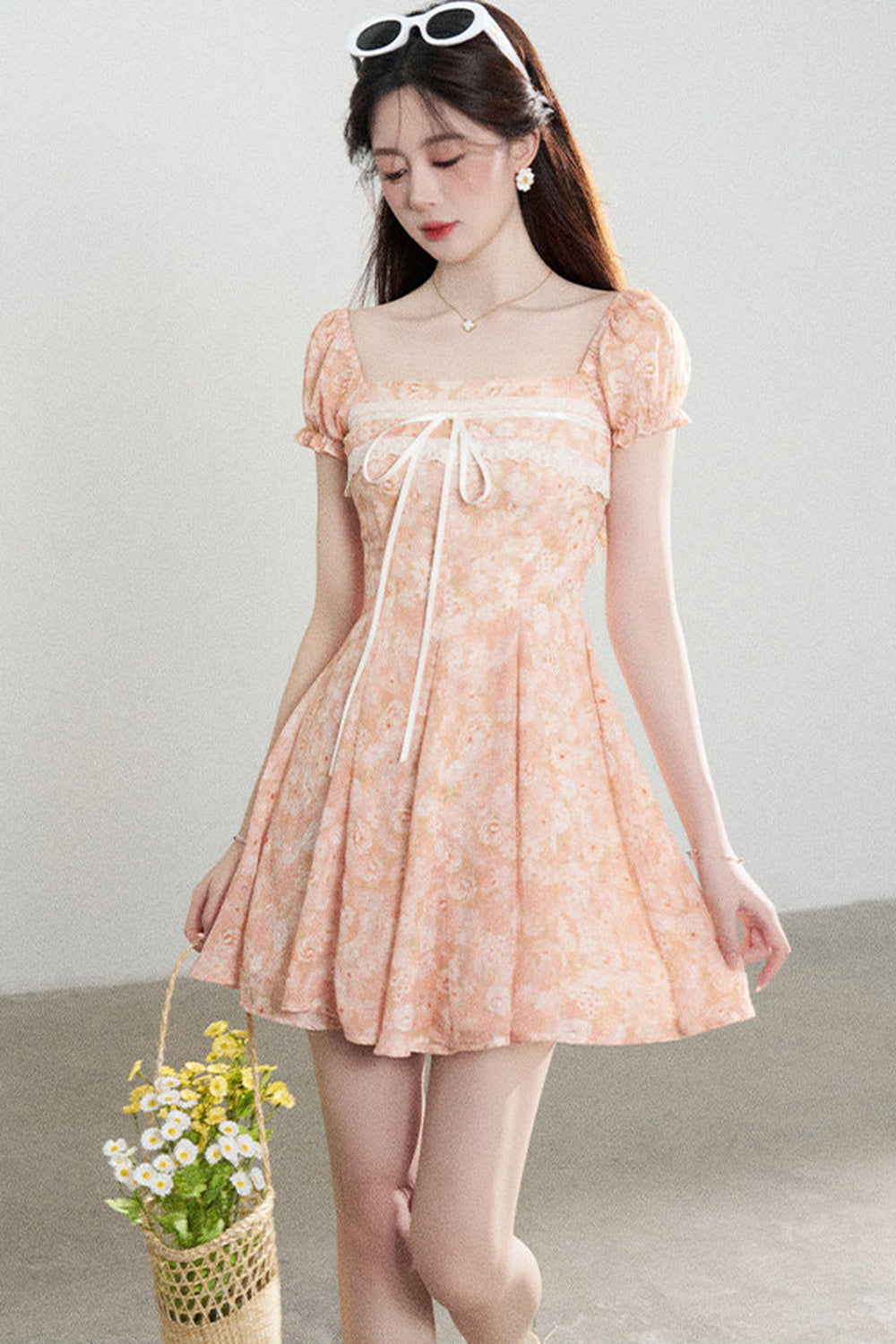 Square-Neck Floral Puff-Sleeve Chiffon Dress