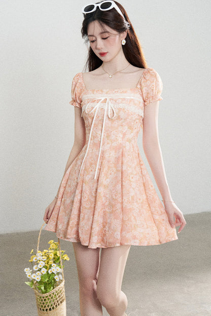 Square-Neck Floral Puff-Sleeve Chiffon Dress