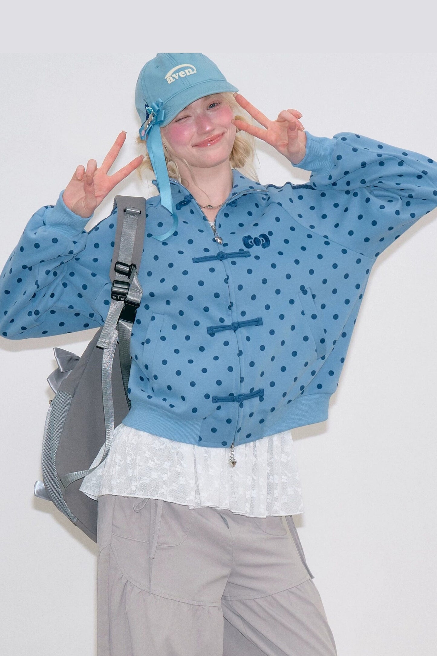 Pink Polka Dot Zipper Sweatshirt Jacket
