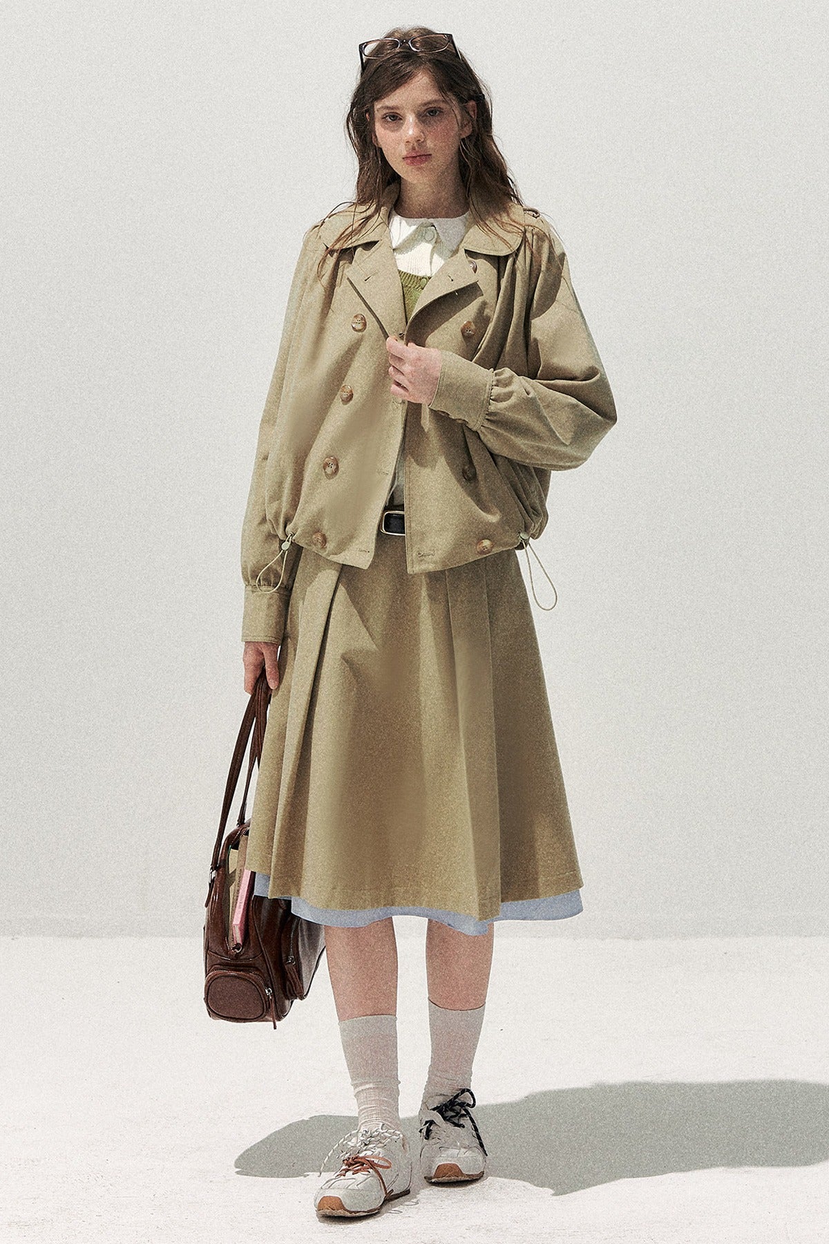 Khaki Short Trench Coat and Skirt Set-Up