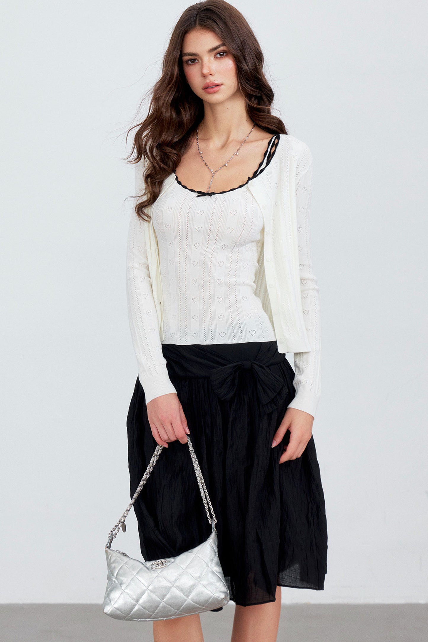 Heart Hollow Ruffle Knit Camisole And Cardigan Set-Up