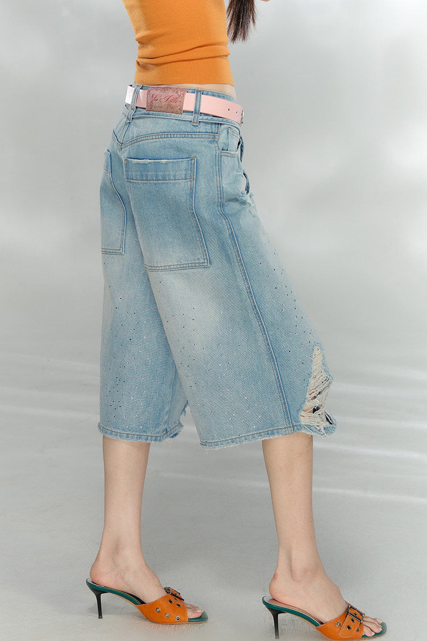 Rhinestone Distressed Denim Pants