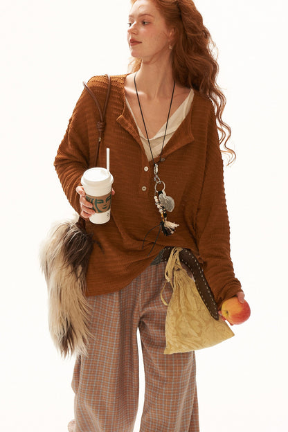 Cloud Texture Drapey Henry Collar Long-Sleeve T-Shirt