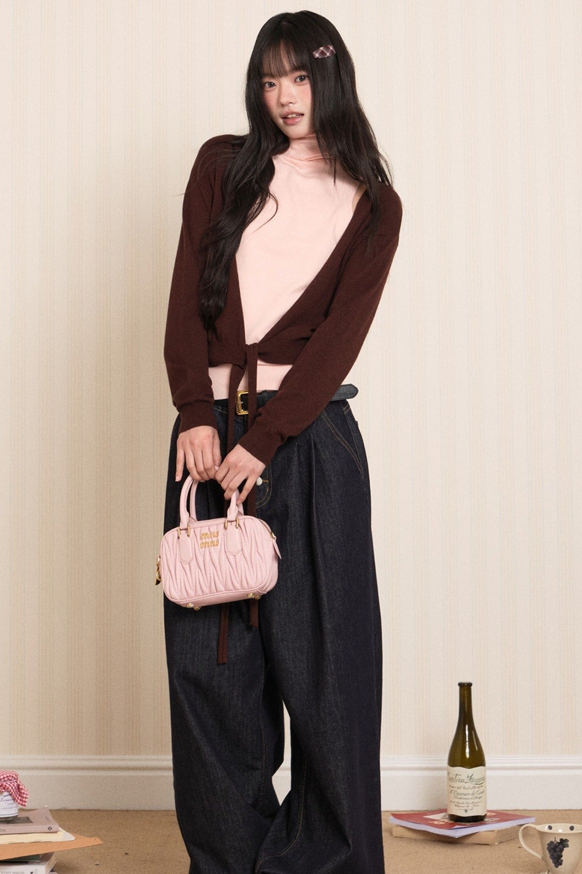 Layered High-Neck Vest and Tie-Up Cardigan Set-Up