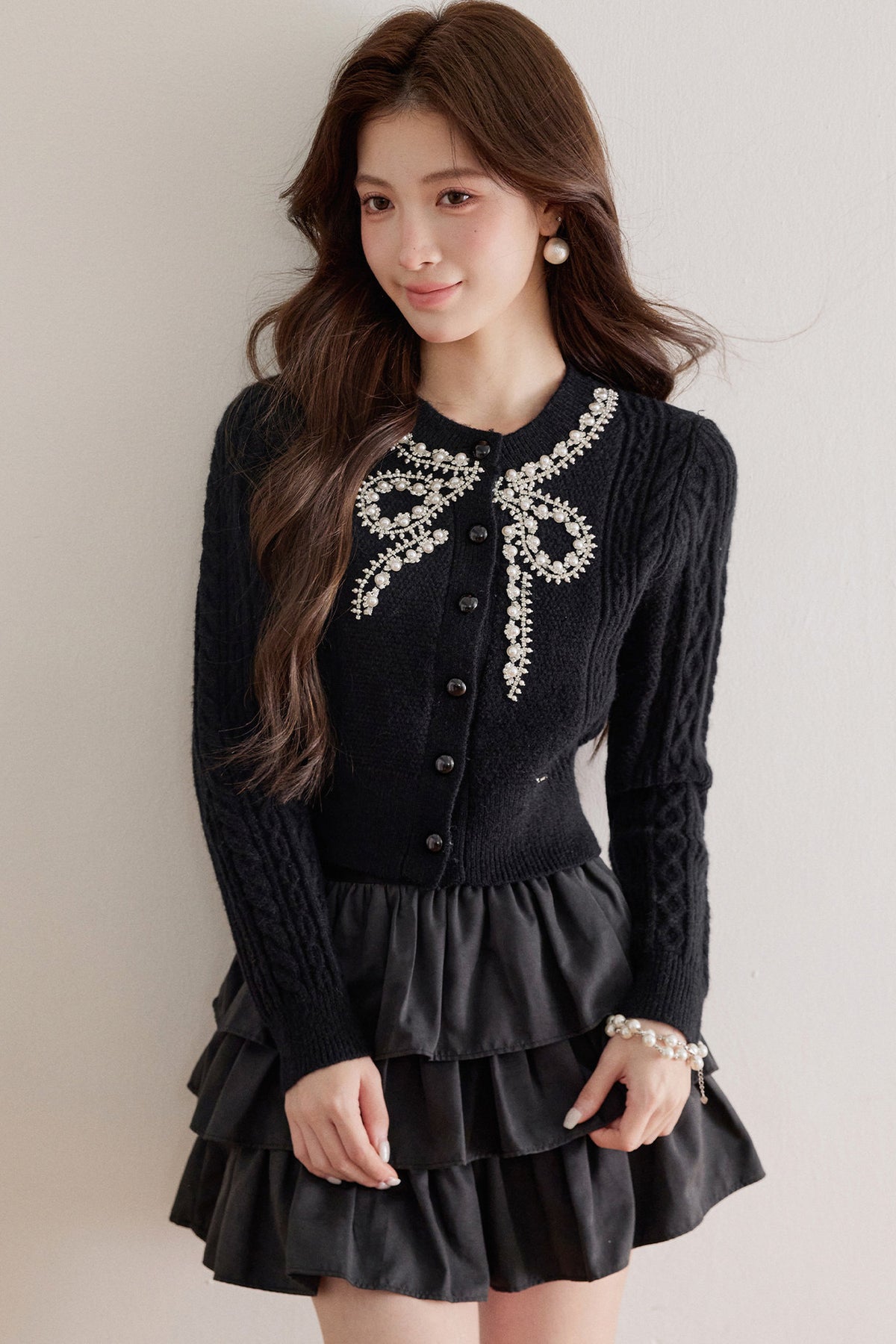 Rhinestone Pearl Bow Merino Cardigan Top