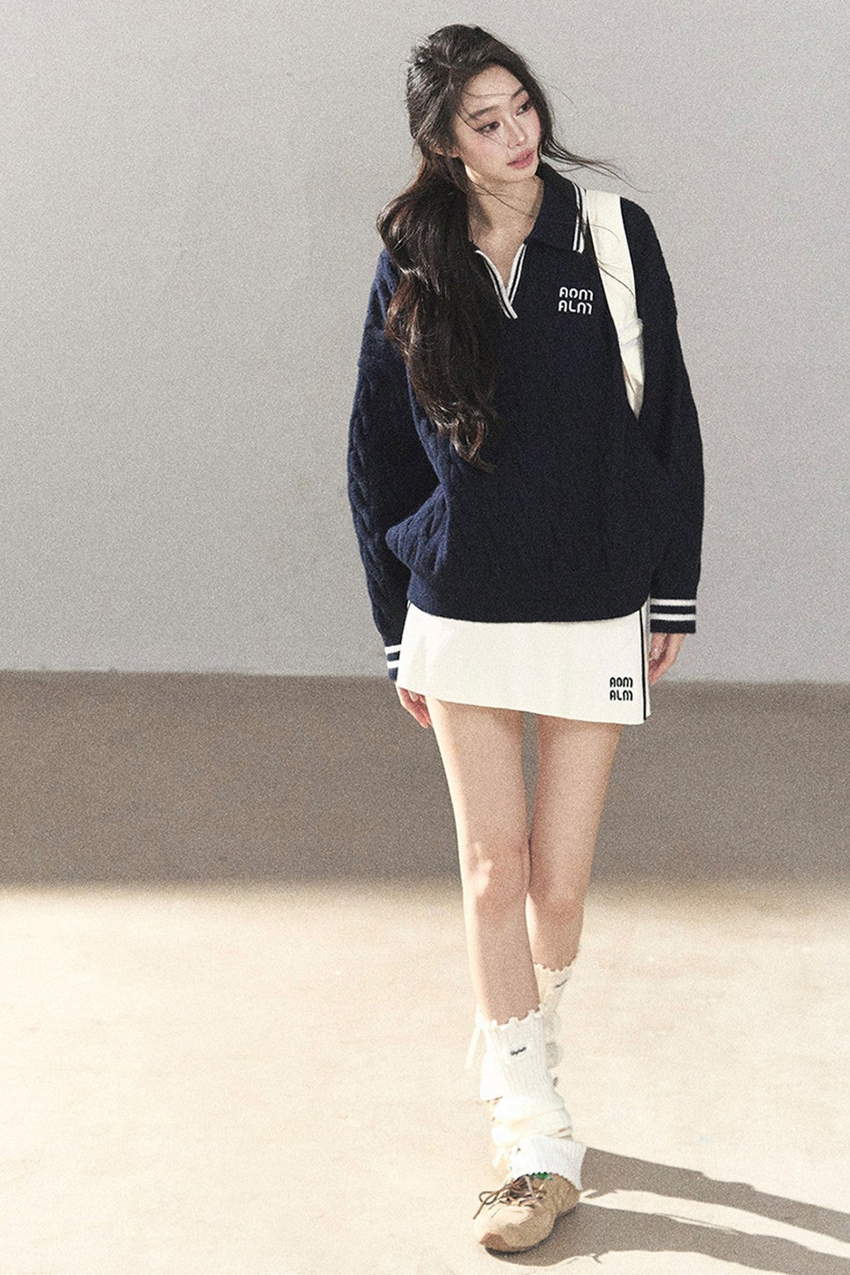 Navy Blue Sweater And White Mini Skirt Set-Up