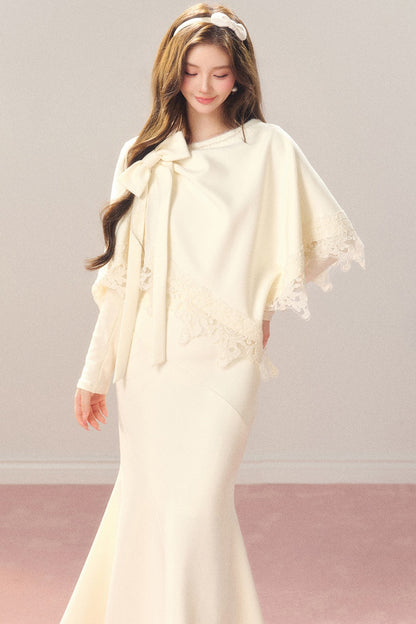 Artistic Bow Lace Knit Cape and Skirt Set-Up