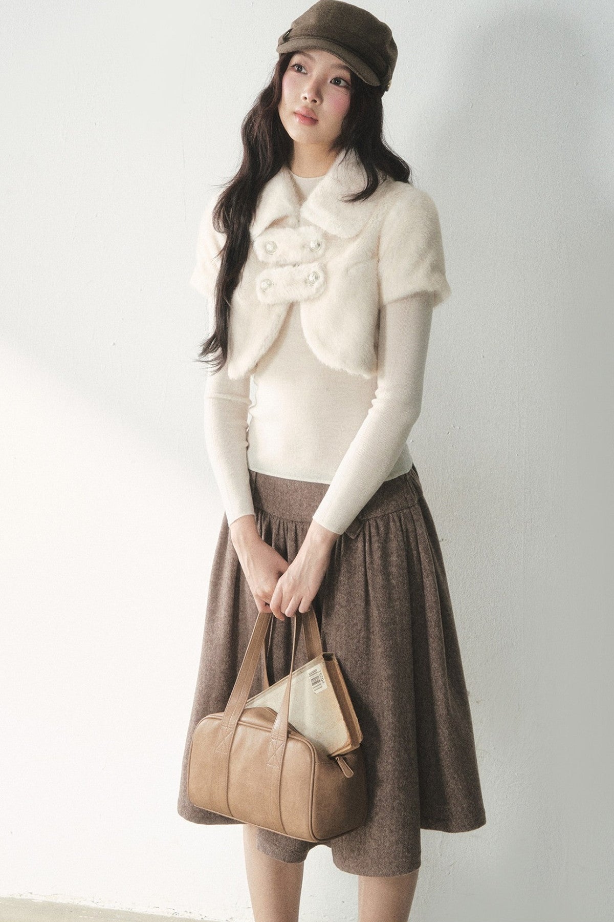 Short-Sleeved Faux Fur Double-Breasted Jacket