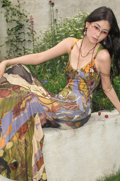 Abstract Print Beaded Strap Slip Dress