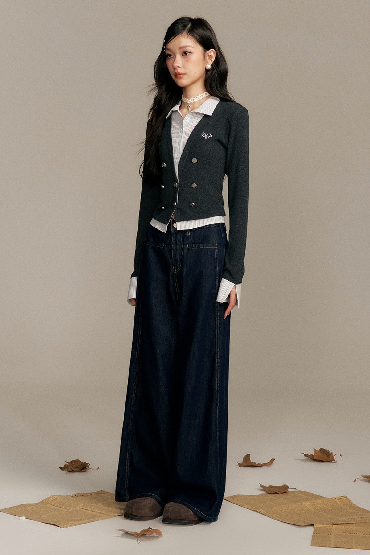 Double-Breasted Layered-Look Knit Top