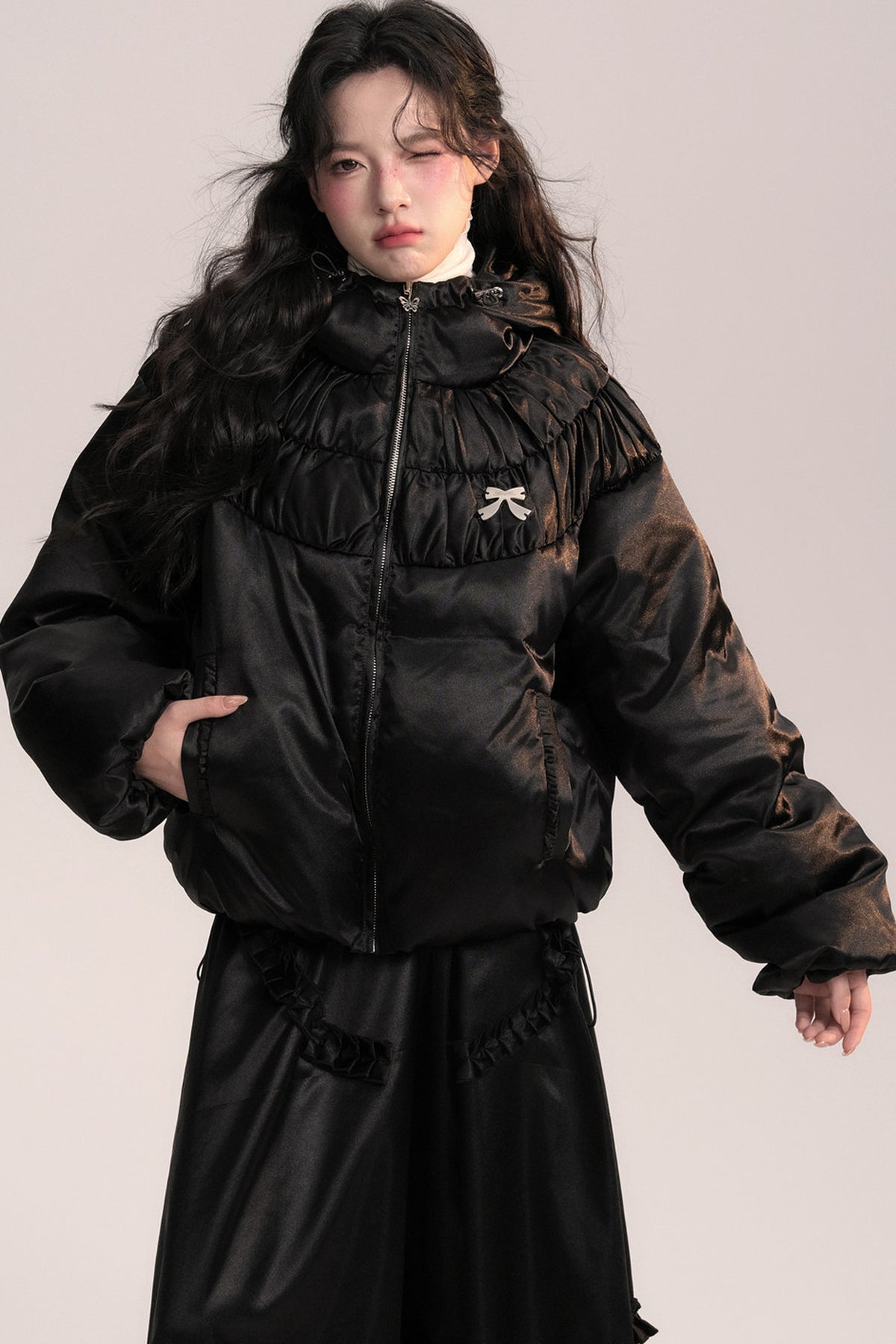 Silk Texture Pleated Puffer Jacket