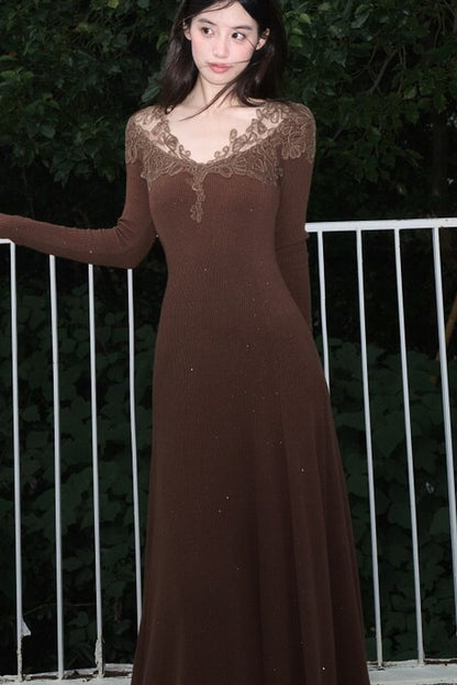 Spliced Lace Trim Long-Sleeve A-Line Dress