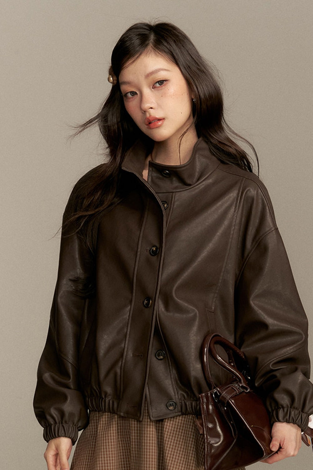 Barn Style Stand Collar Short Leather Jacket