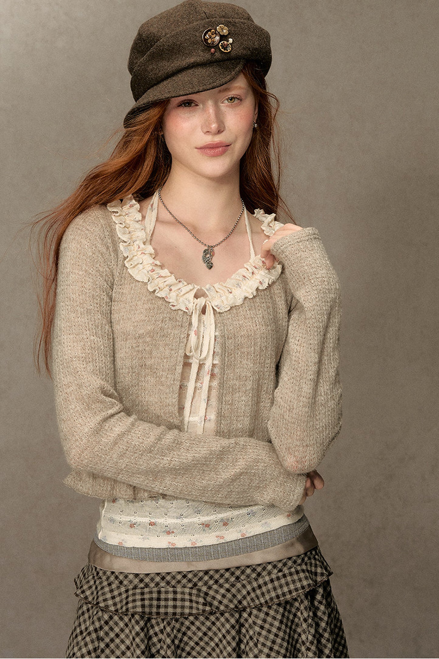Ruffled Knit Cardigan With Camisole