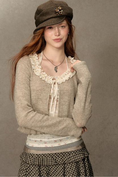 Ruffled Knit Cardigan With Camisole