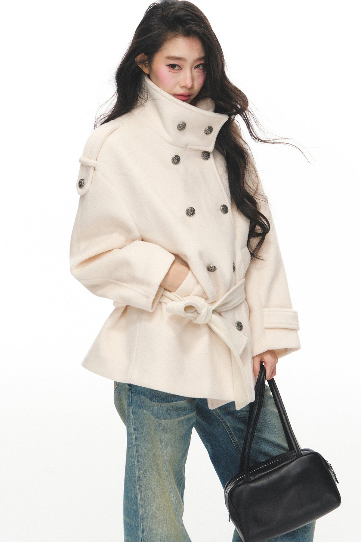 White Double-Breasted Stand-Collar Jacket and Pants Set-Up