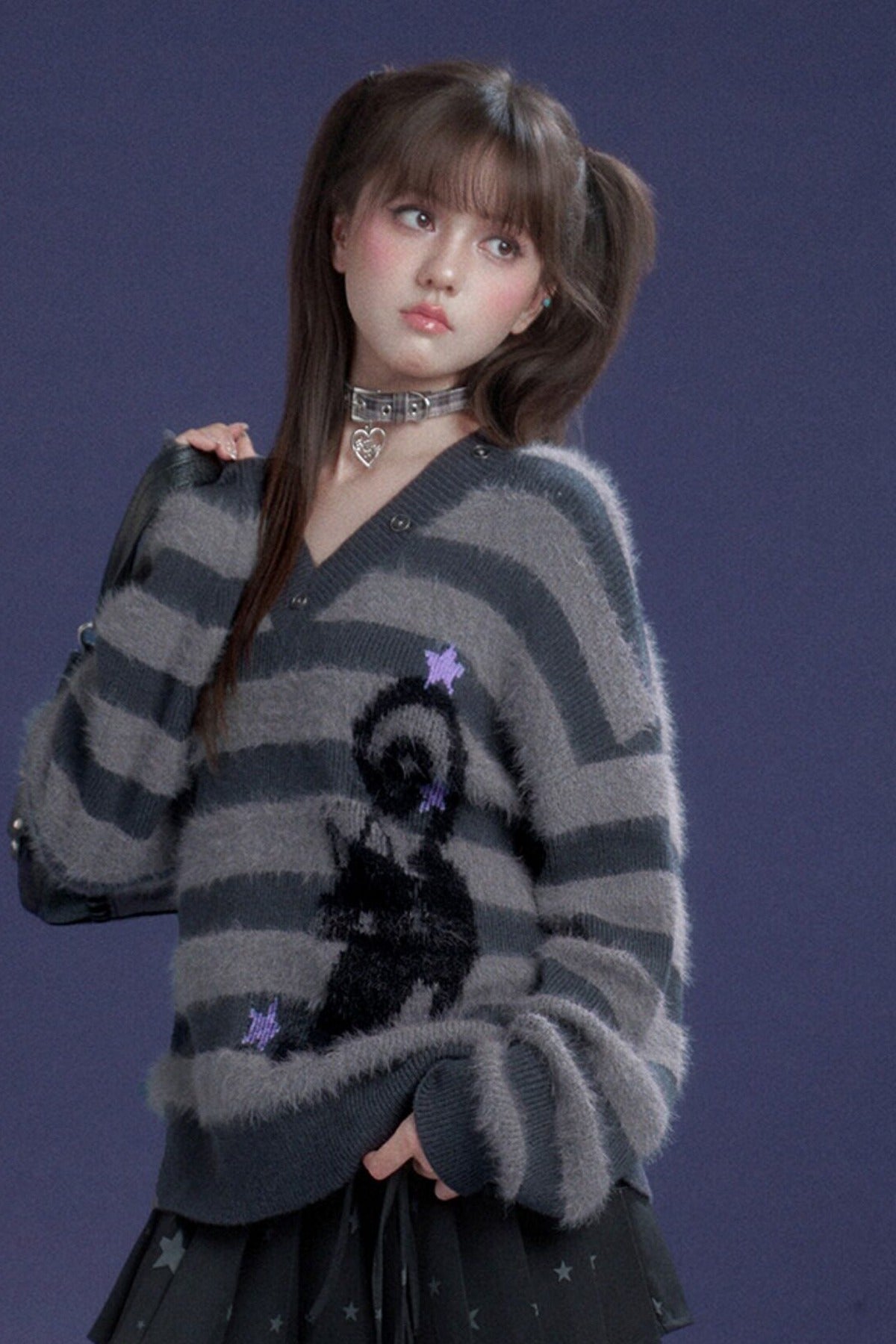 Halloween Meow Black Gray Striped Sweater With Scarf
