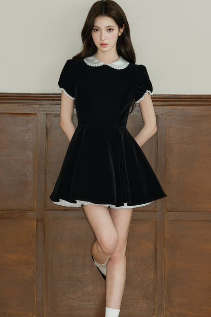 Lace Collar Velvet Puff Sleeve Dress