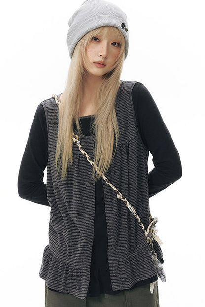 Striped Knit Patchwork Long-Sleeve Top