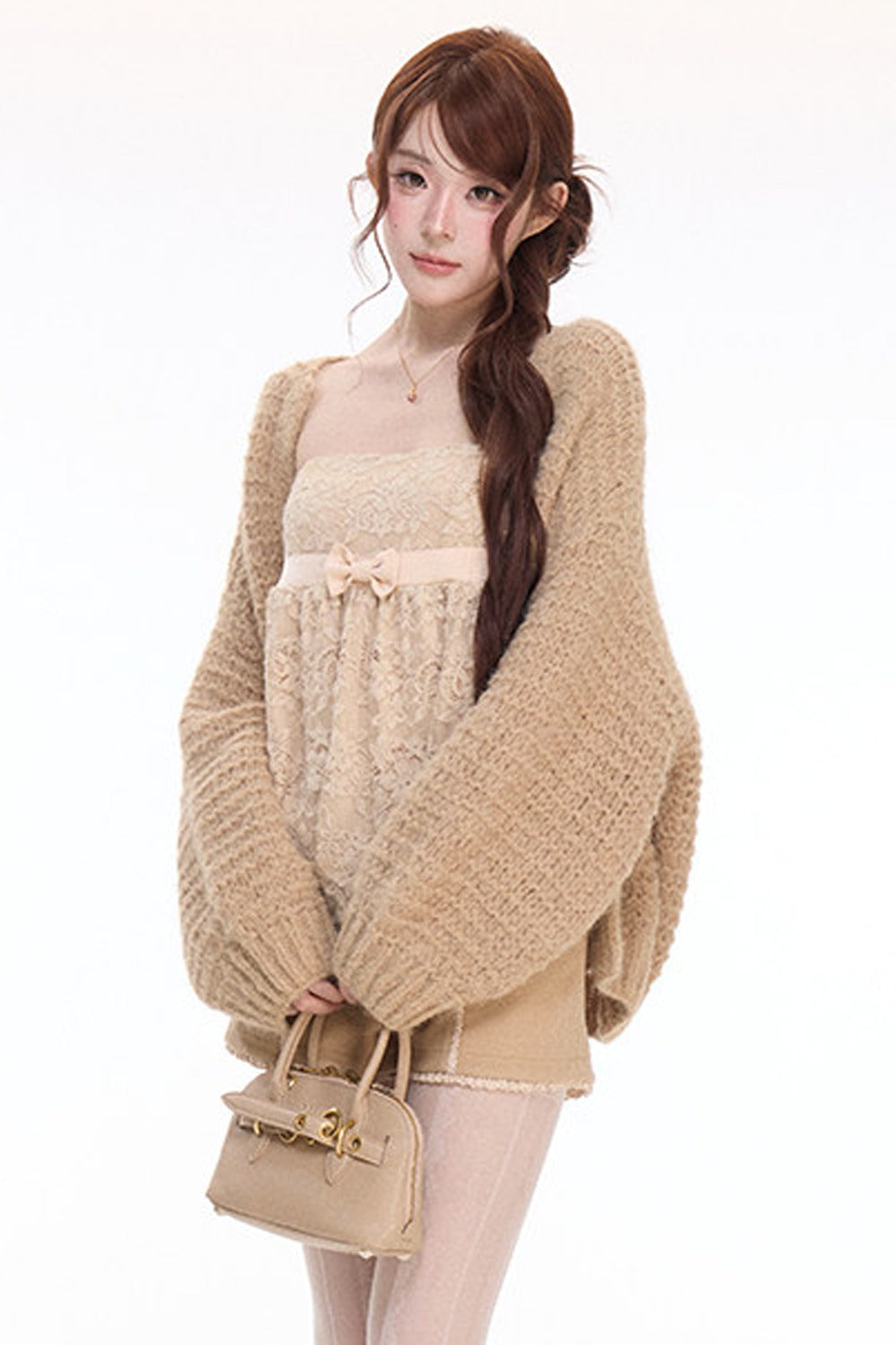 Chunky Knit Cardigan With Lace Top and Pants Set-Up