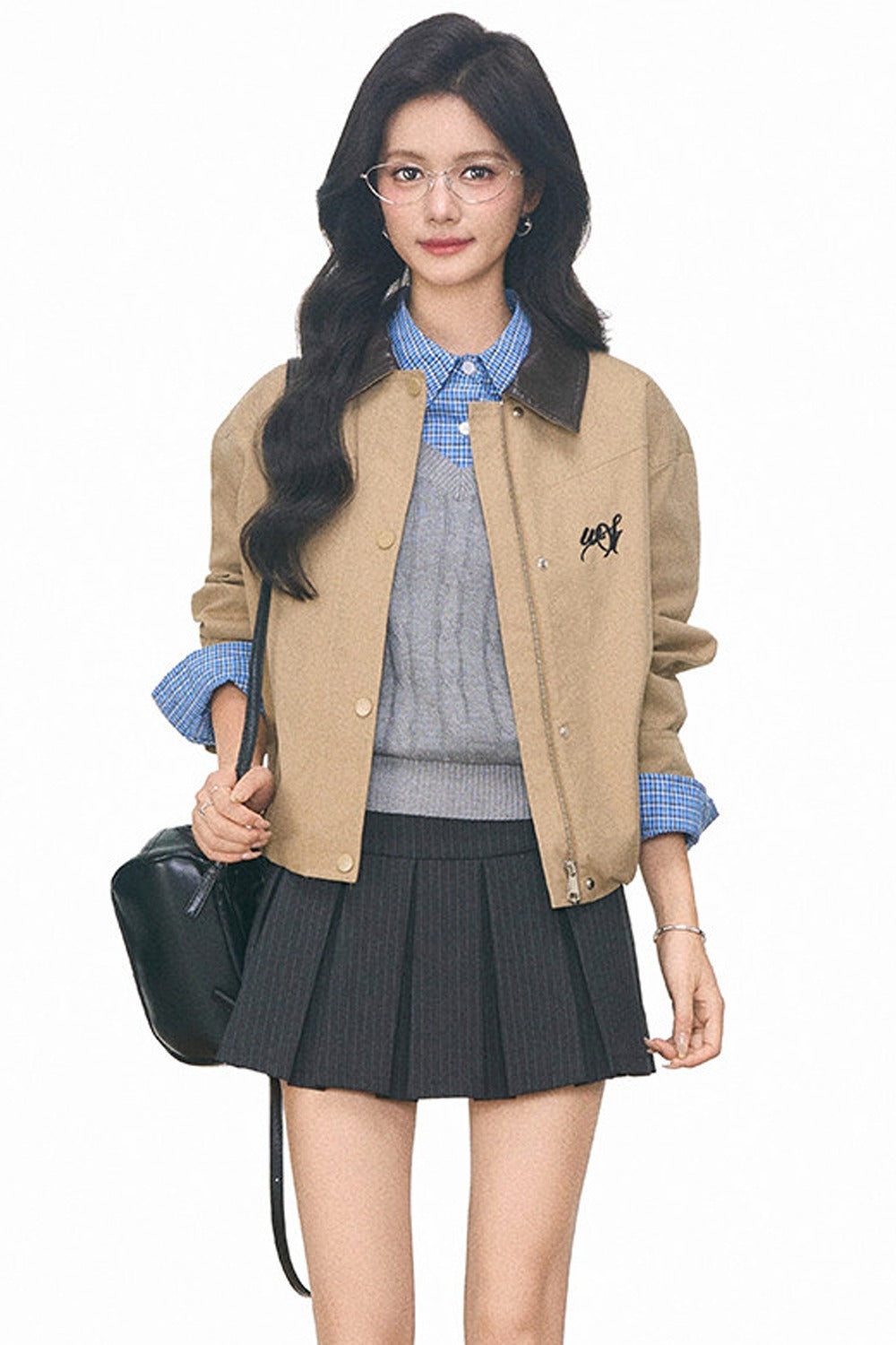 Plaid Shirt Cable Vest and Skirt 4-Piece Set-Up