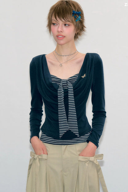 Layered-Look Striped Tie Knit Top
