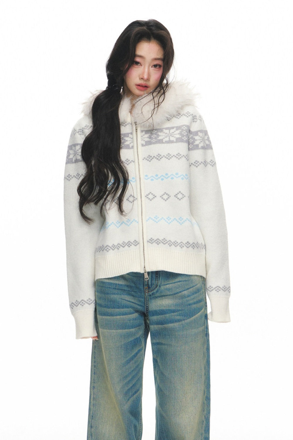 Fair Isle Jacquard Fur Collar Cardigan Set-Up