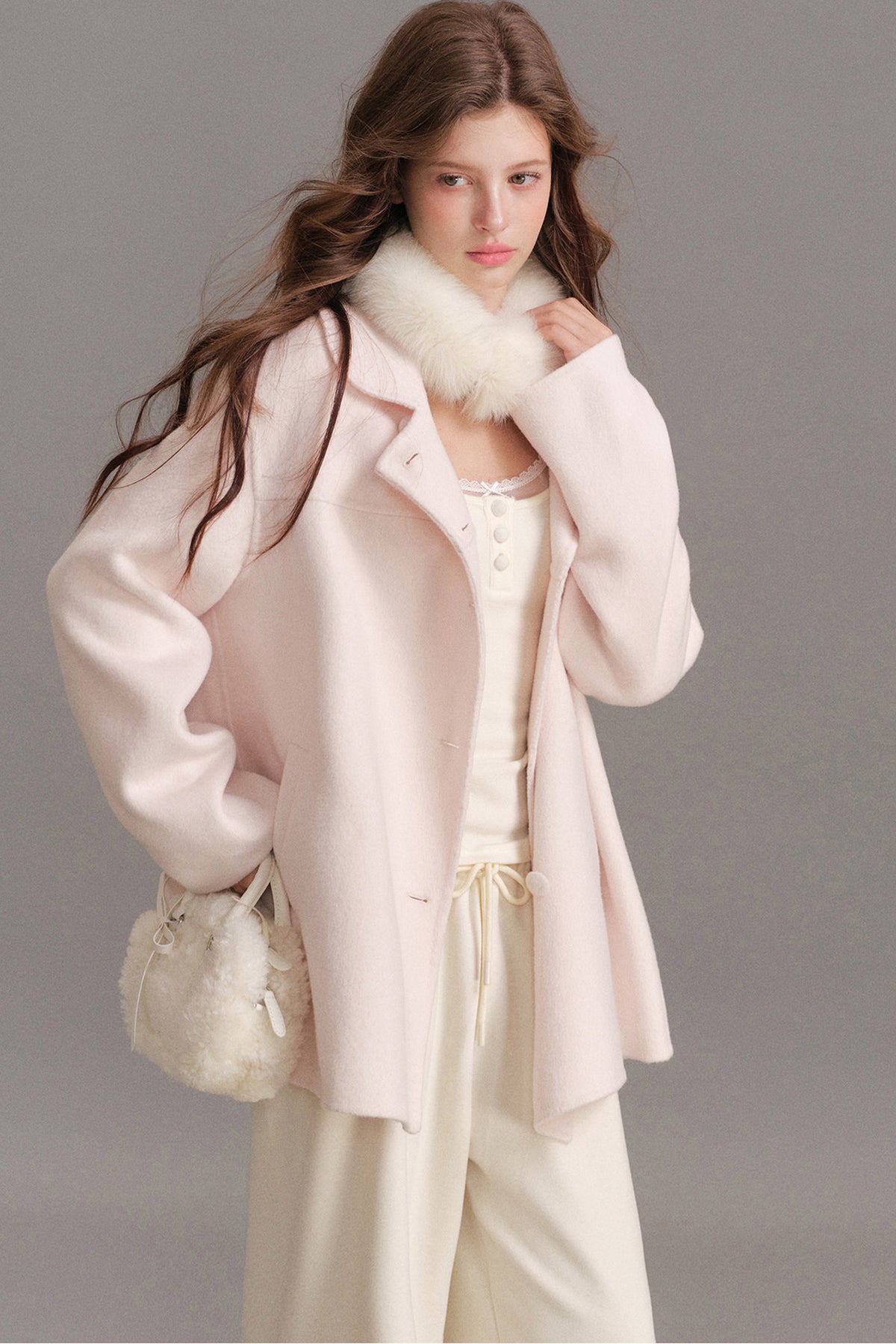 Handmade Double-Sided Woolen Doll Collar Mid-Length Coat