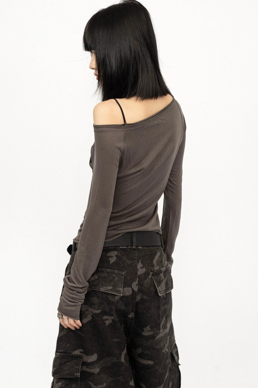 Gray Graphic Off-Shoulder Long Sleeve Top