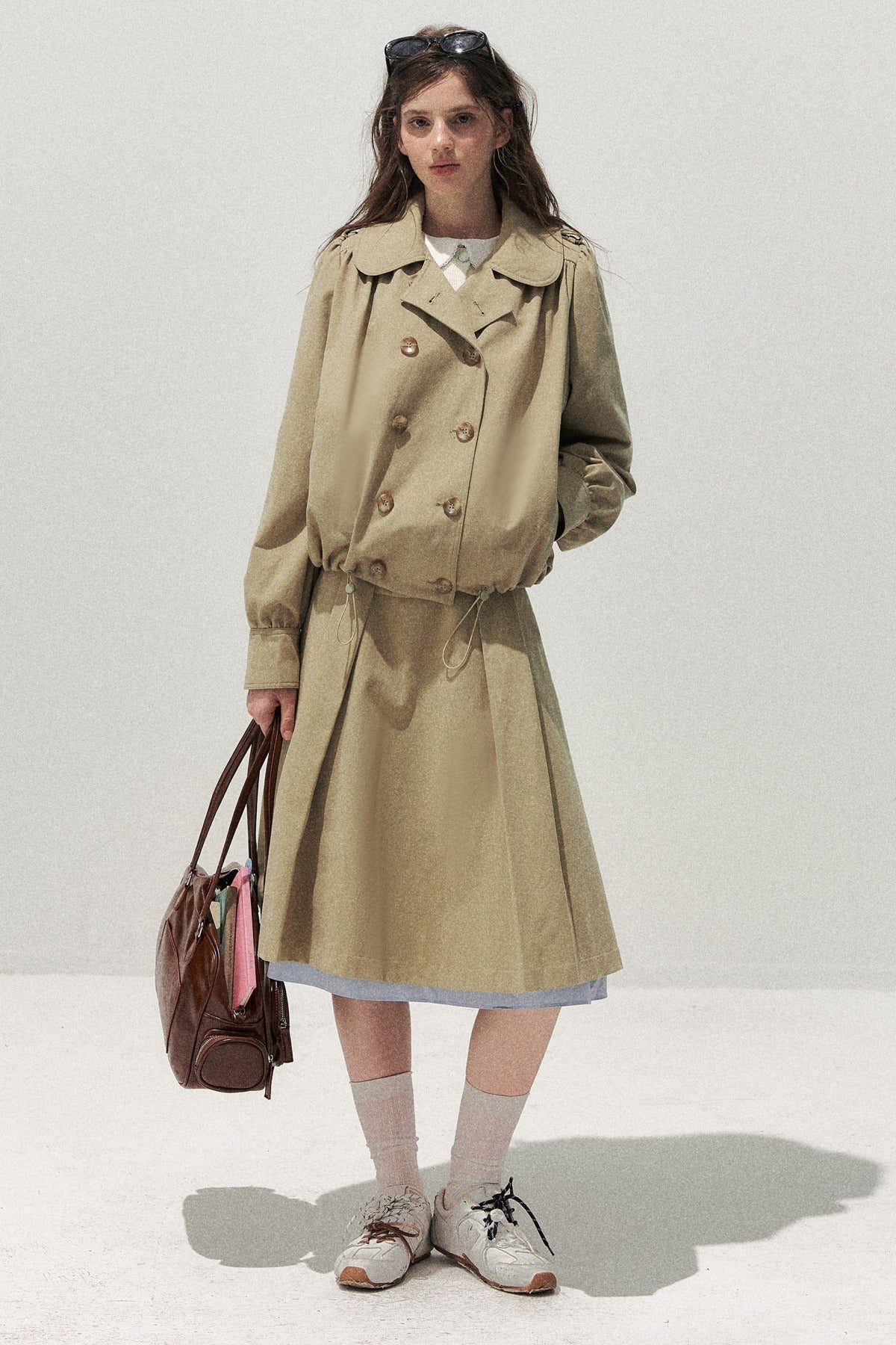 Khaki Short Trench Coat and Skirt Set-Up