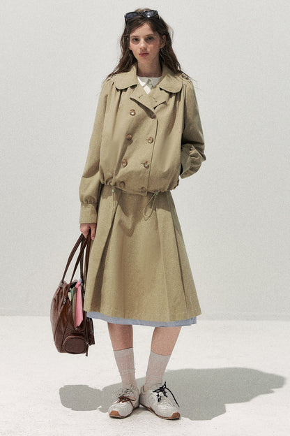 Khaki Short Trench Coat and Skirt Set-Up