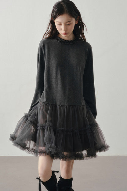 Gray Mesh Patchwork Long Sleeve Dress