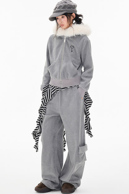 Detachable Fur Hood Jacket and Pants Set-Up