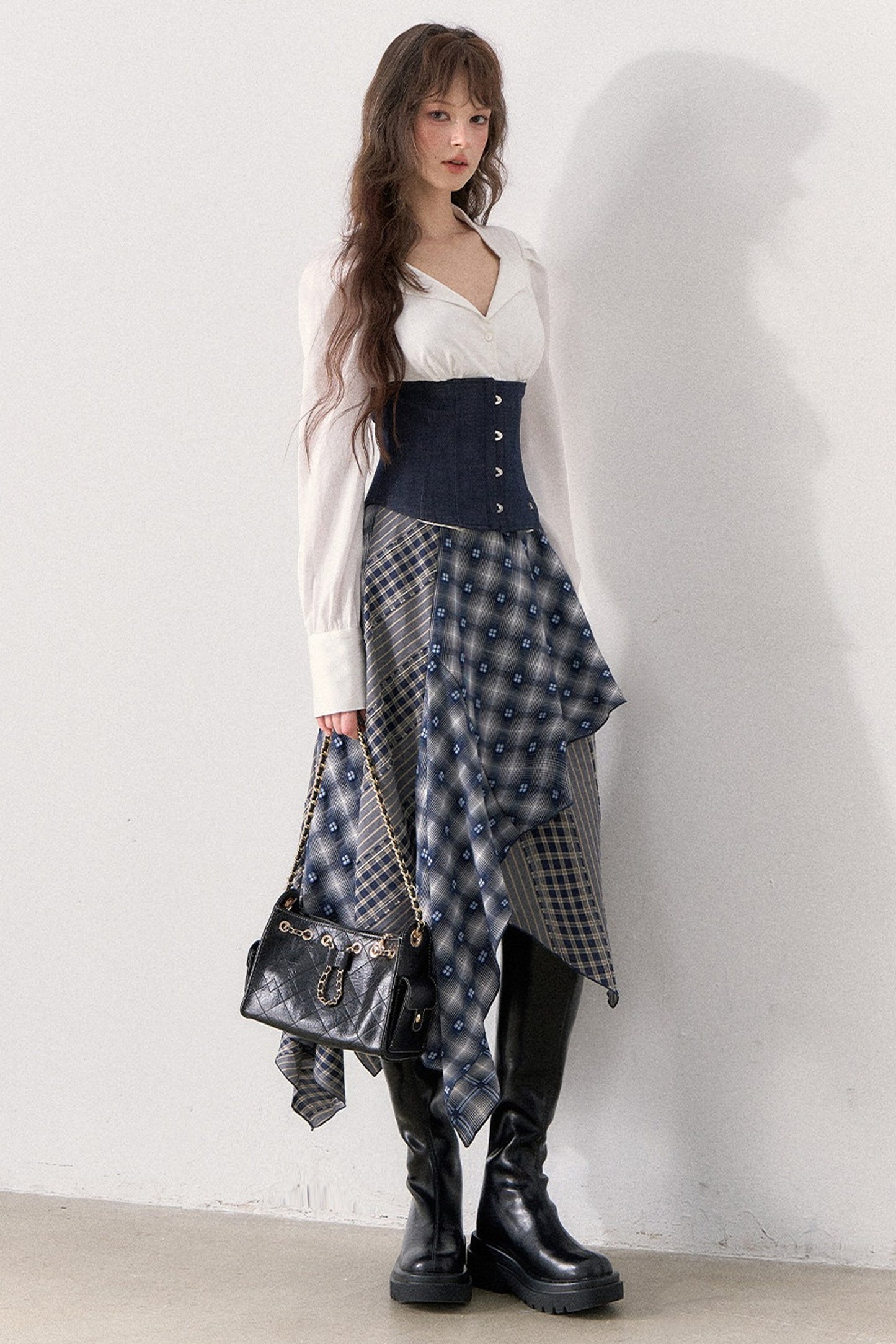 White Shirt and Denim Waistband Asymmetrical Plaid Skirt Set-Up