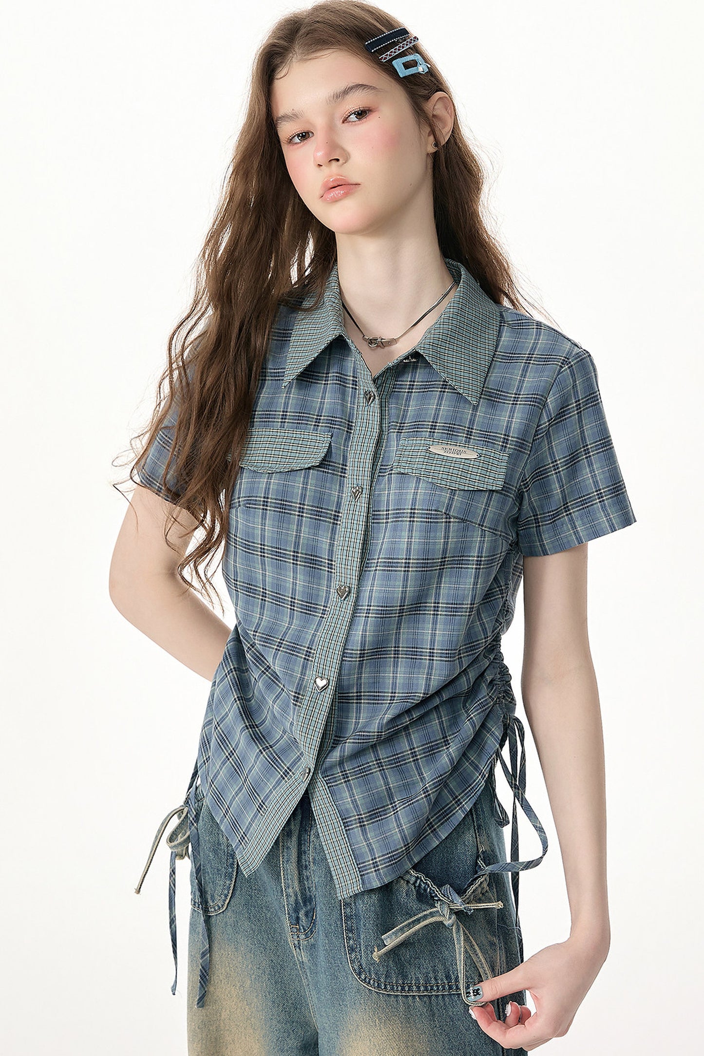 Camicia a maniche corte con motivo scozzese blu e verde