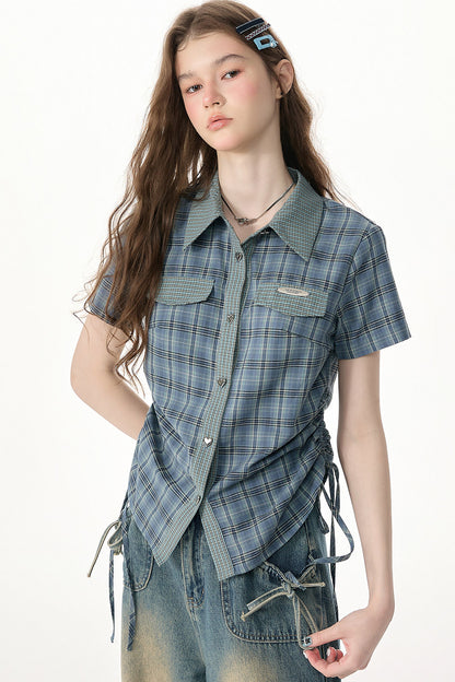 Camicia a maniche corte con motivo scozzese blu e verde